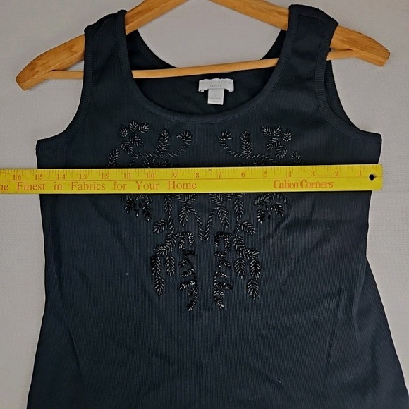 Charter Club Women's Beaded Tank Top Petite S 100% Cotton Black Stretch Ribbed - Picture 2 of 7